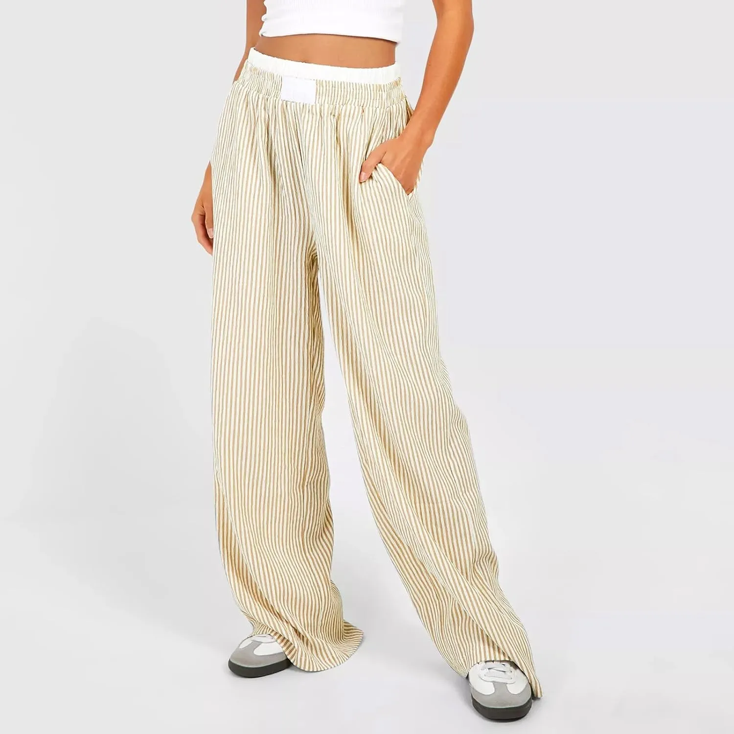Women's Fashion High Waist Stripe Pants Y2K Patched Elastic Waist Straight Wide Leg Trousers E-girls Pj Bottoms