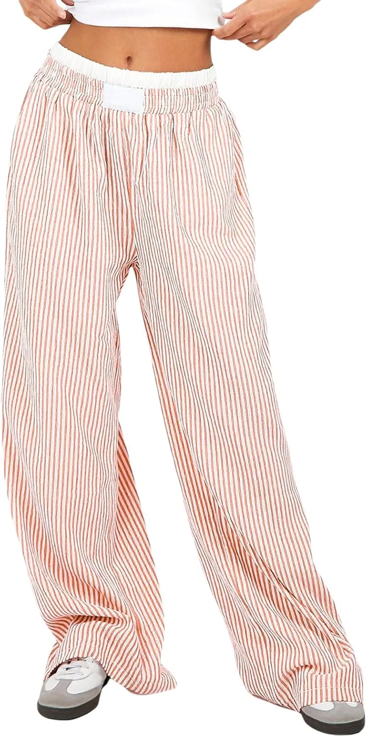 Women's Fashion High Waist Stripe Pants Y2K Patched Elastic Waist Straight Wide Leg Trousers E-girls Pj Bottoms