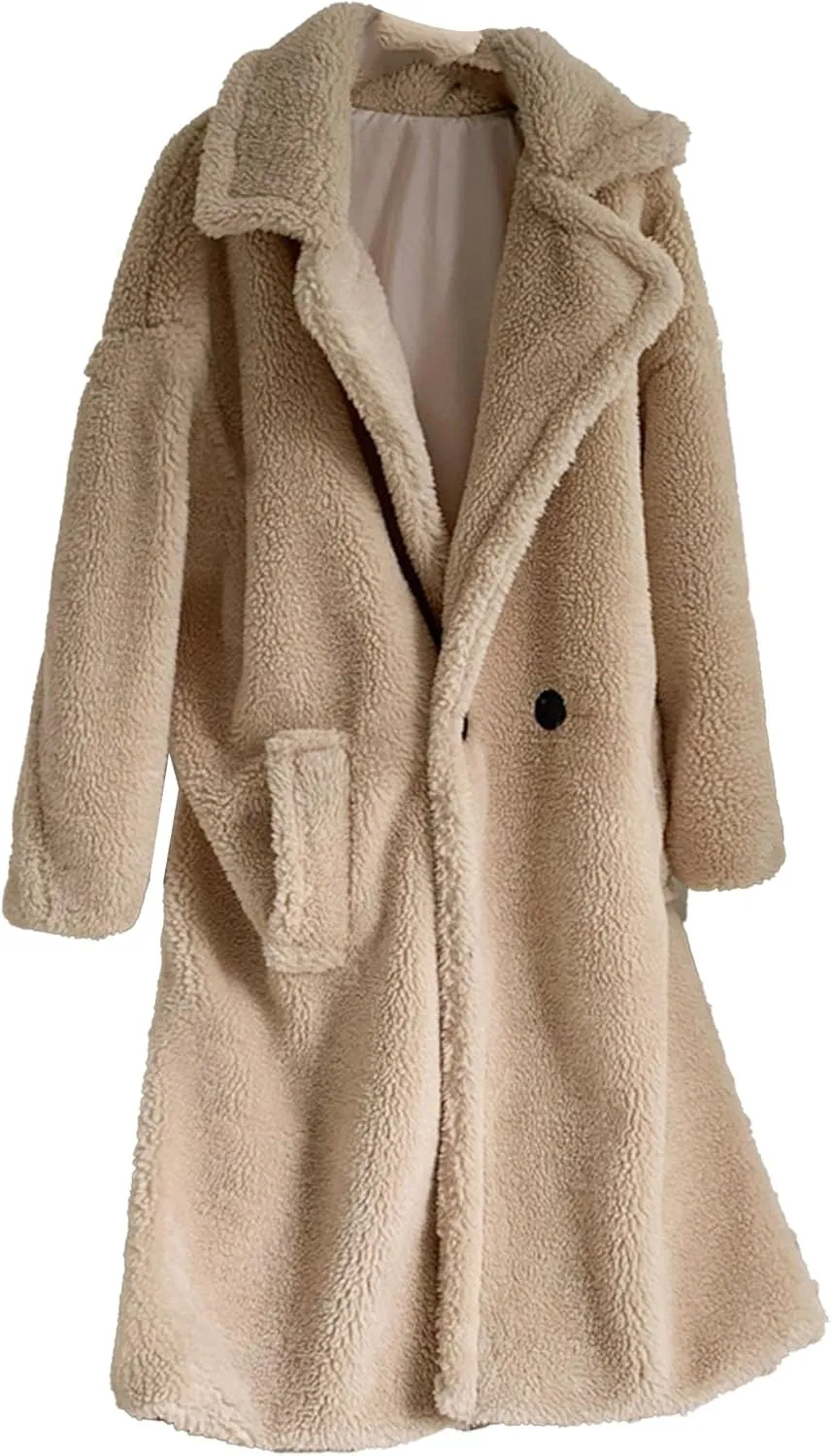 Women's Fleece Lapel Collar Trench Coat Open Front Long Cardigan Overcoat Winter Warm Outwear Jackets