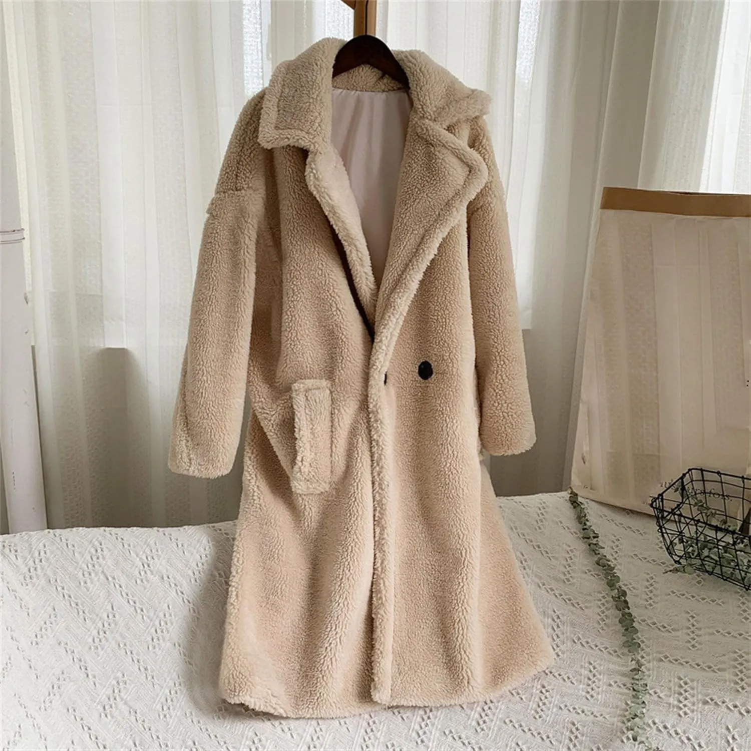Women's Fleece Lapel Collar Trench Coat Open Front Long Cardigan Overcoat Winter Warm Outwear Jackets