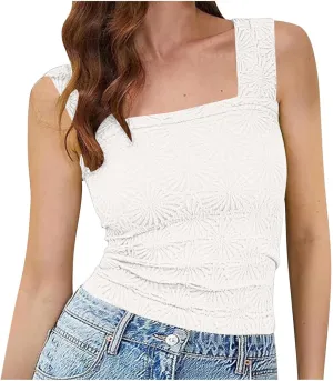 Womens Floral Jacquard Tank Tops Summer Square Neck Straps Crop Top Trendy Solid Color Slim Fit Sexy Comfy Camisoles