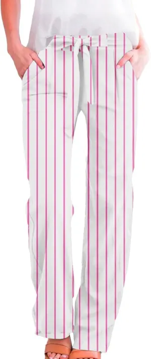 Womens High Waist Casual Linen Pants Drawstring Straight Leg Lounge Plus Size Adjustable Tie Knot Flowy Trousers
