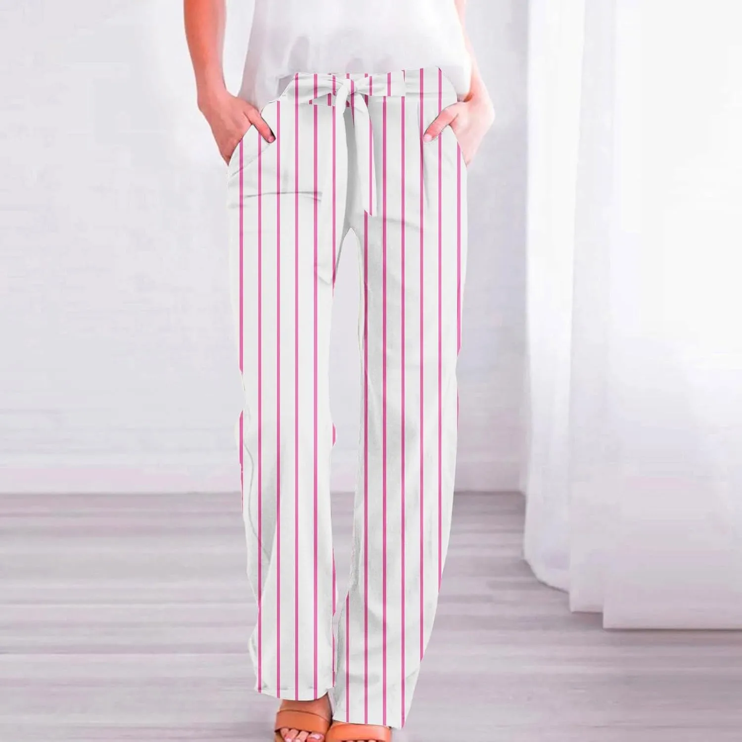 Womens High Waist Casual Linen Pants Drawstring Straight Leg Lounge Plus Size Adjustable Tie Knot Flowy Trousers
