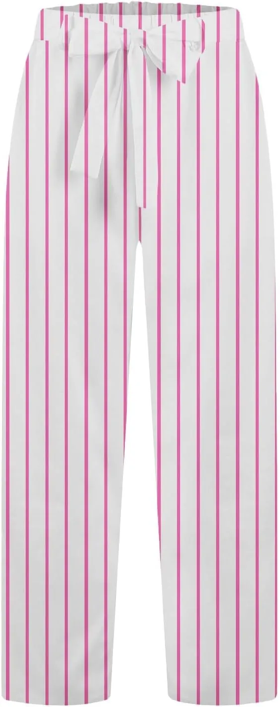 Womens High Waist Casual Linen Pants Drawstring Straight Leg Lounge Plus Size Adjustable Tie Knot Flowy Trousers