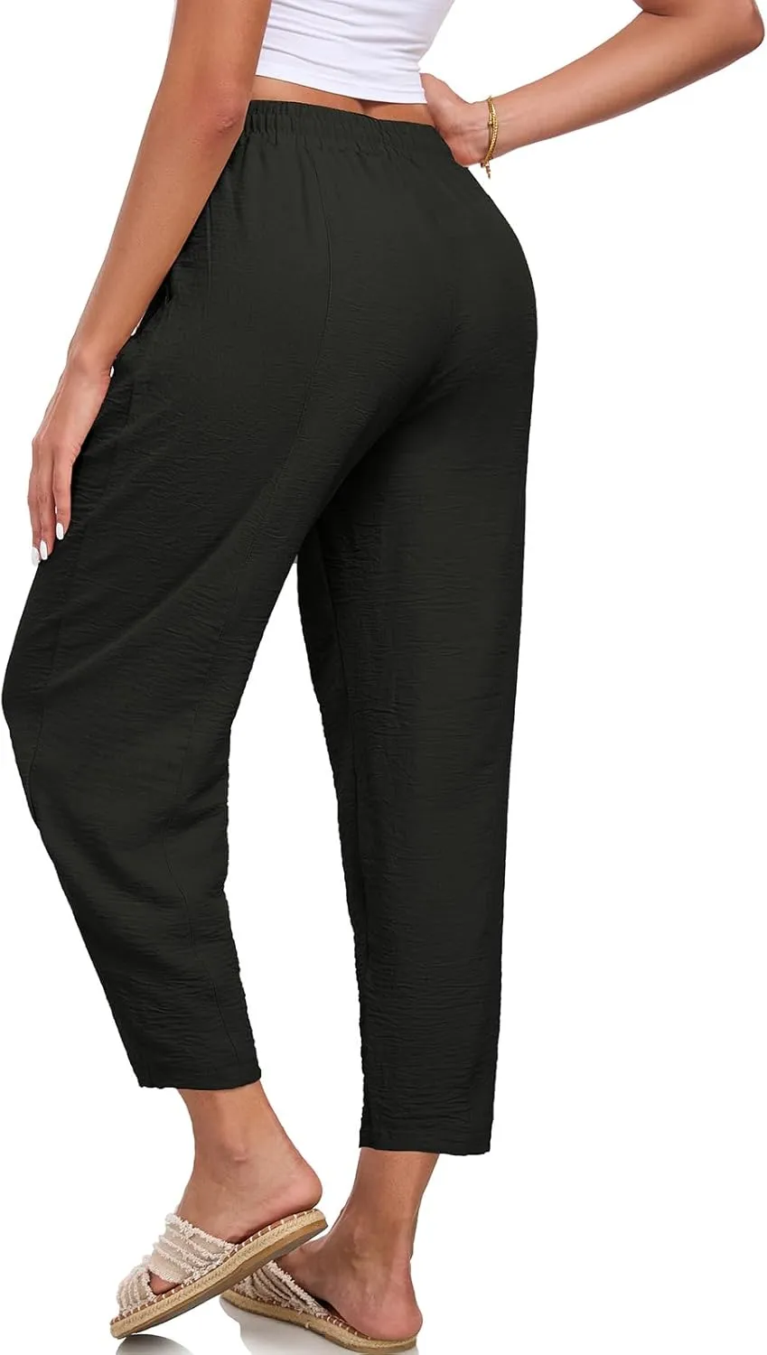Womens High Waisted Baggy Pants Drawstring Elastic Waisted Ankle Length Pants Palazzo Casual Trouser with Pockets