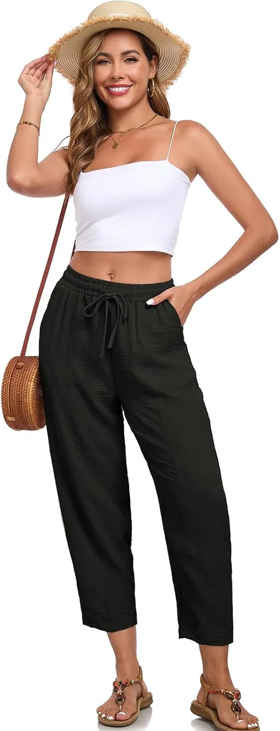 Womens High Waisted Baggy Pants Drawstring Elastic Waisted Ankle Length Pants Palazzo Casual Trouser with Pockets