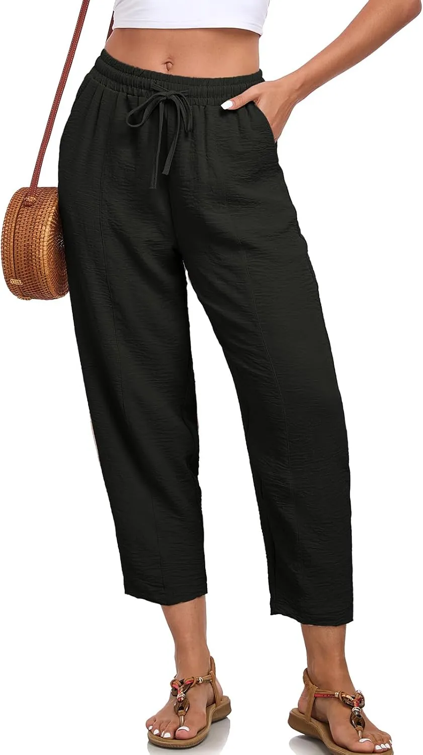 Womens High Waisted Baggy Pants Drawstring Elastic Waisted Ankle Length Pants Palazzo Casual Trouser with Pockets