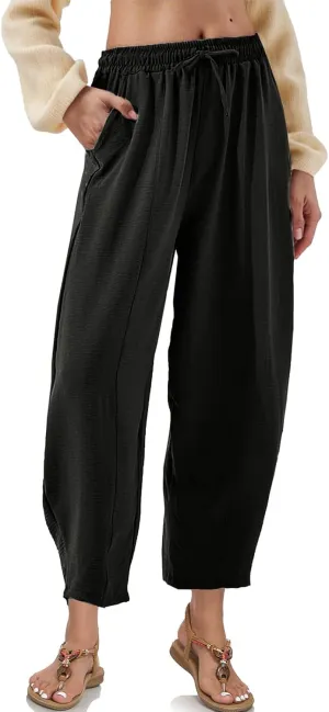 Womens High Waisted Baggy Pants Drawstring Elastic Waisted Ankle Length Pants Palazzo Casual Trouser with Pockets