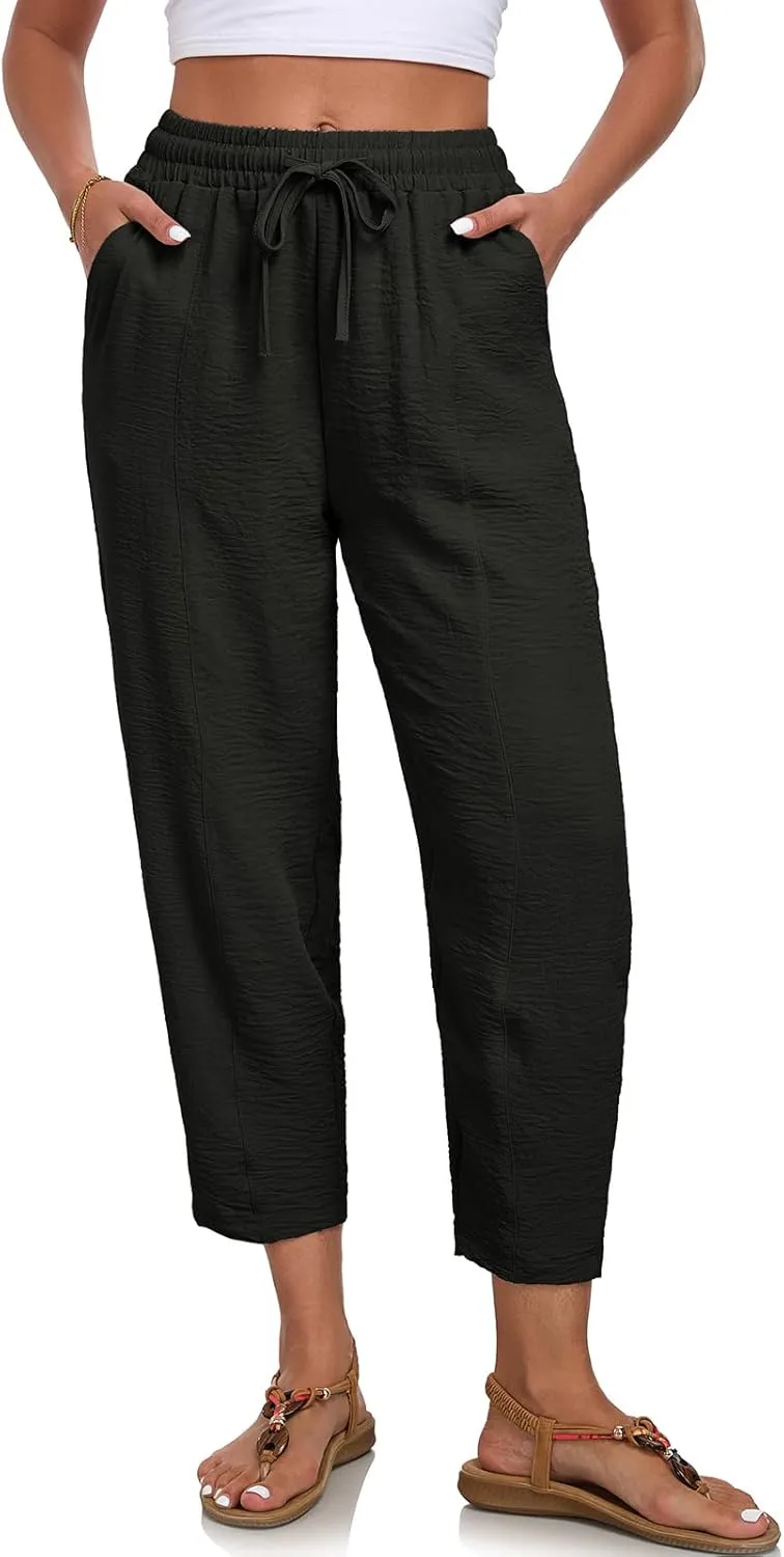 Womens High Waisted Baggy Pants Drawstring Elastic Waisted Ankle Length Pants Palazzo Casual Trouser with Pockets