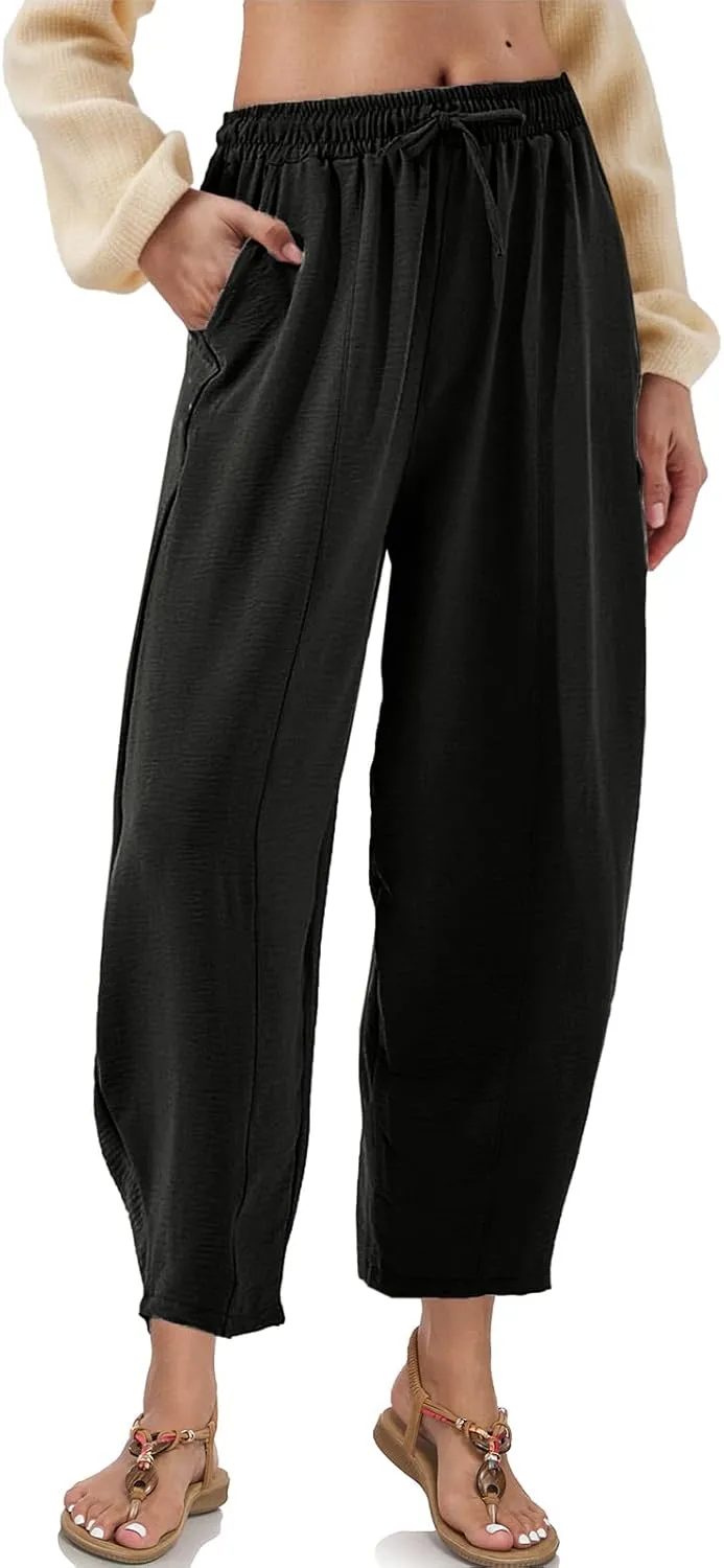 Womens High Waisted Baggy Pants Drawstring Elastic Waisted Ankle Length Pants Palazzo Casual Trouser with Pockets