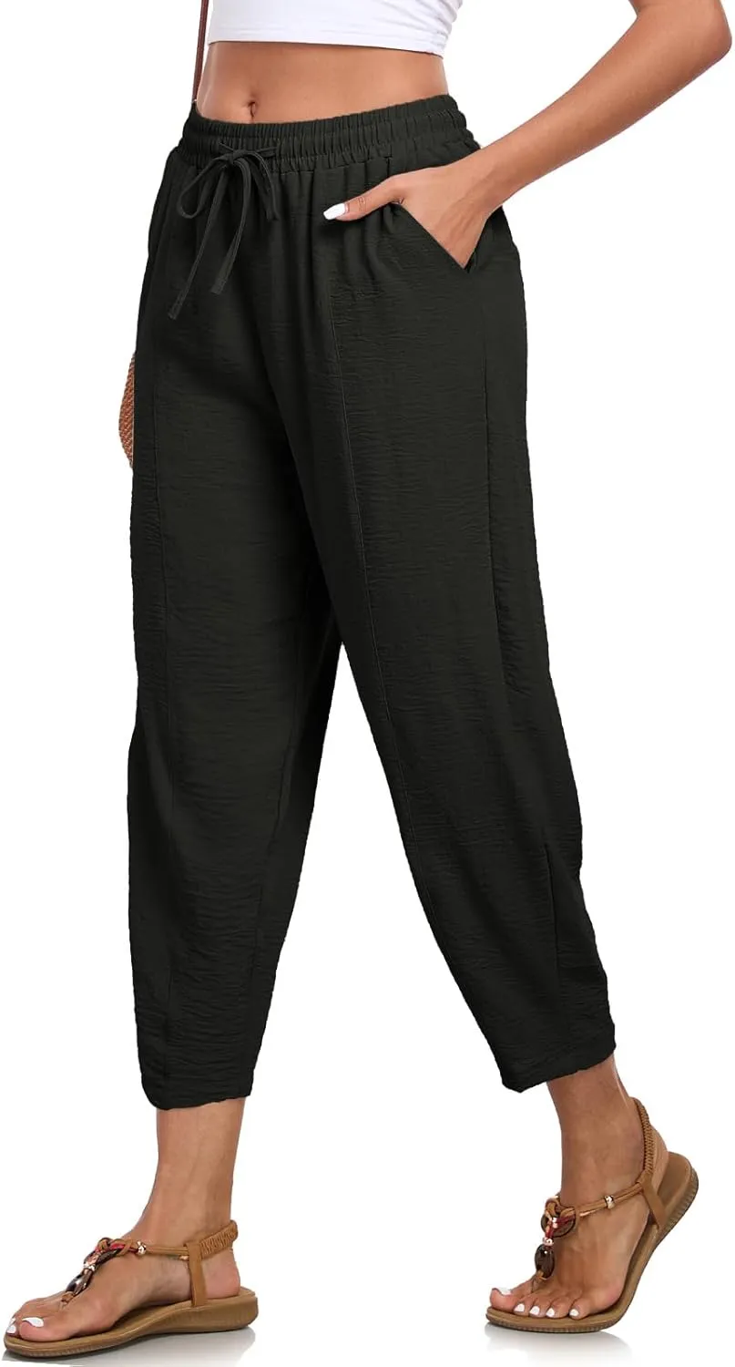 Womens High Waisted Baggy Pants Drawstring Elastic Waisted Ankle Length Pants Palazzo Casual Trouser with Pockets