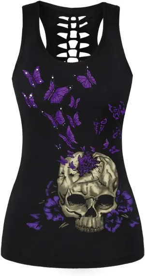 Womens Hollow Out Skull Print Workout Yoga Tank Tops Halloween Shirt
