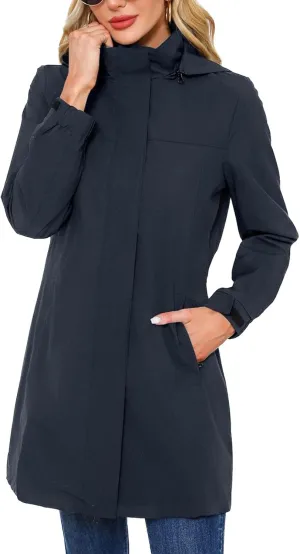 Women's Hooded Raincoat Lightweight Slim Fit Trench Coat Waterproof Casual Full Zip Long Rain Jacket Outerwear