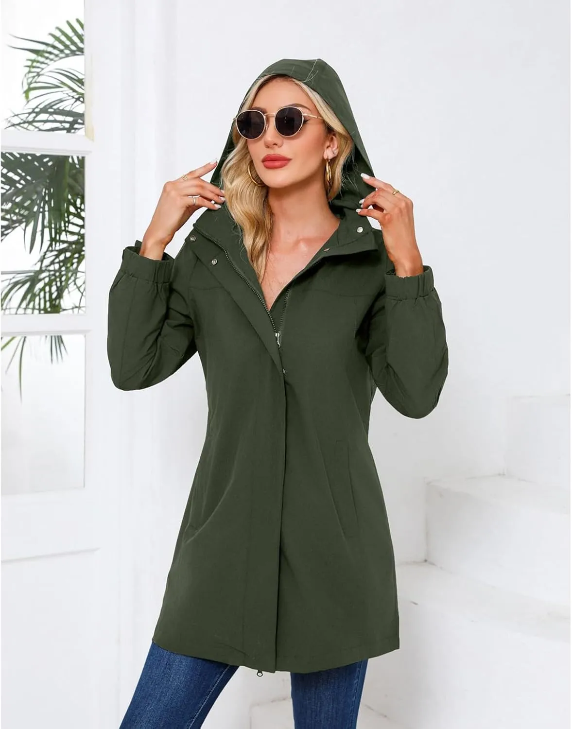 Women's Hooded Raincoat Lightweight Slim Fit Trench Coat Waterproof Casual Full Zip Long Rain Jacket Outerwear