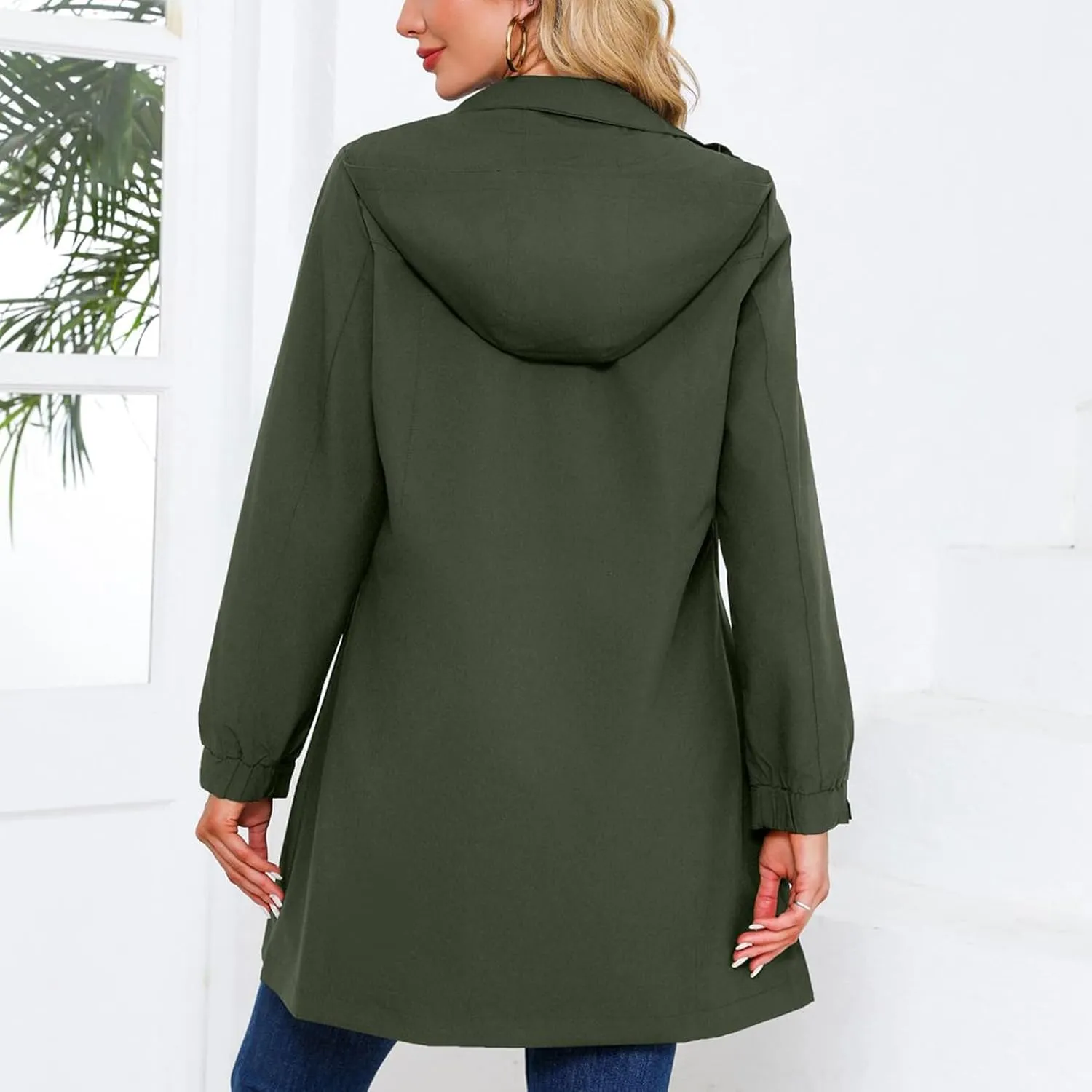 Women's Hooded Raincoat Lightweight Slim Fit Trench Coat Waterproof Casual Full Zip Long Rain Jacket Outerwear