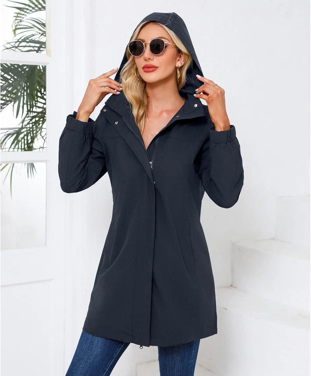 Women's Hooded Raincoat Lightweight Slim Fit Trench Coat Waterproof Casual Full Zip Long Rain Jacket Outerwear