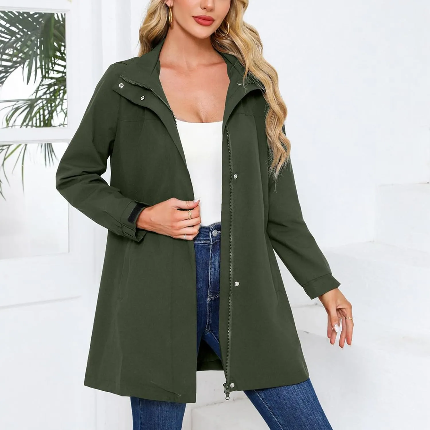 Women's Hooded Raincoat Lightweight Slim Fit Trench Coat Waterproof Casual Full Zip Long Rain Jacket Outerwear