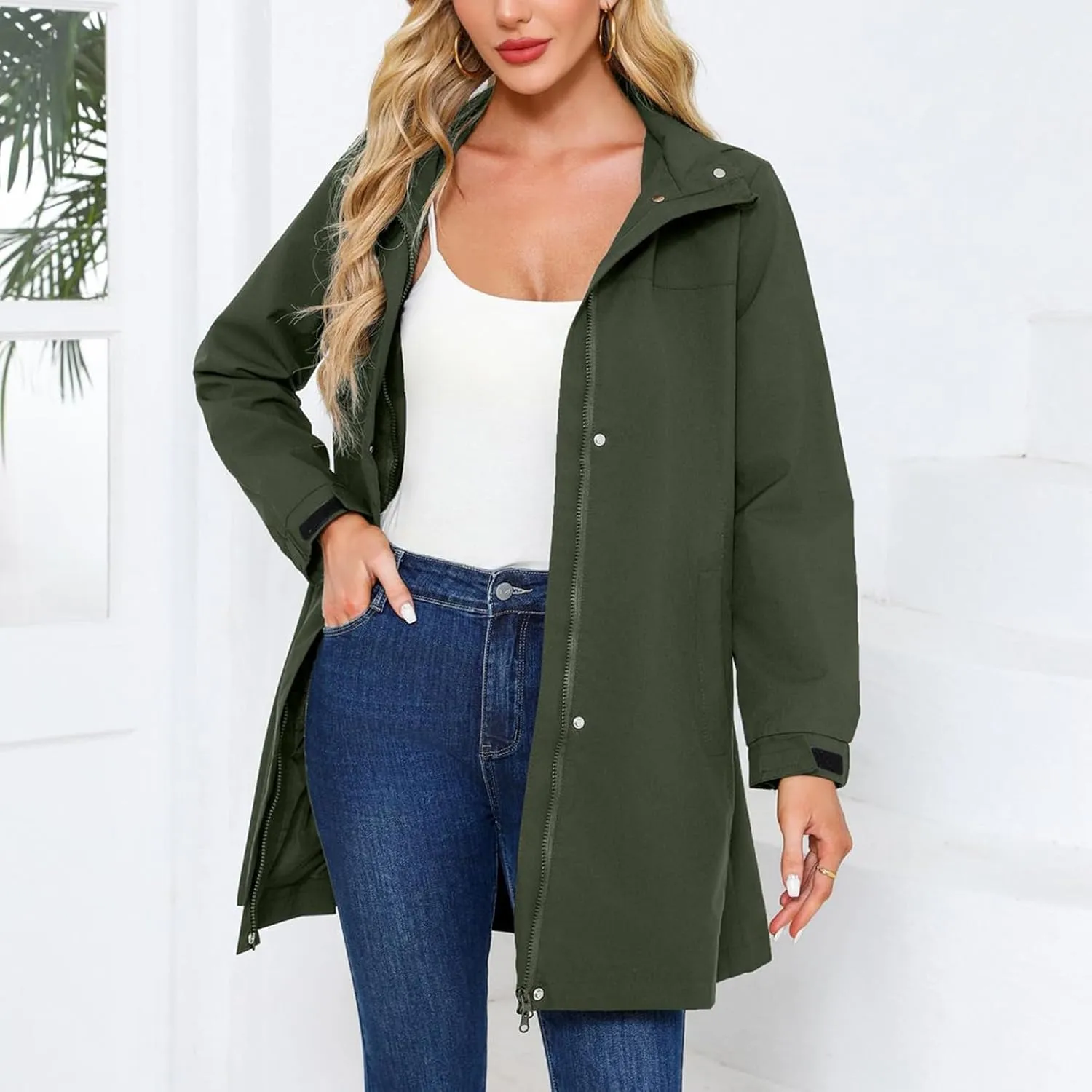 Women's Hooded Raincoat Lightweight Slim Fit Trench Coat Waterproof Casual Full Zip Long Rain Jacket Outerwear