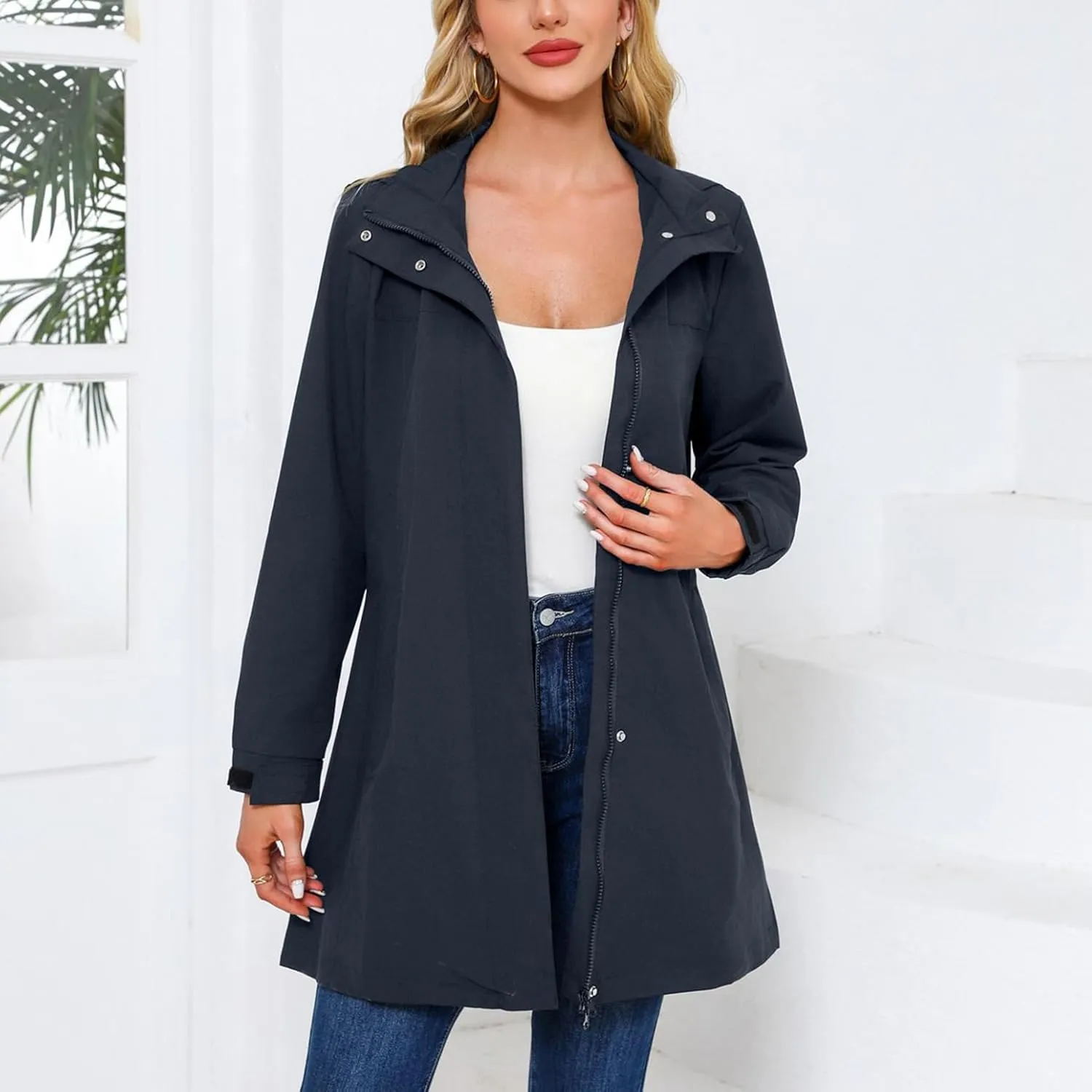 Women's Hooded Raincoat Lightweight Slim Fit Trench Coat Waterproof Casual Full Zip Long Rain Jacket Outerwear