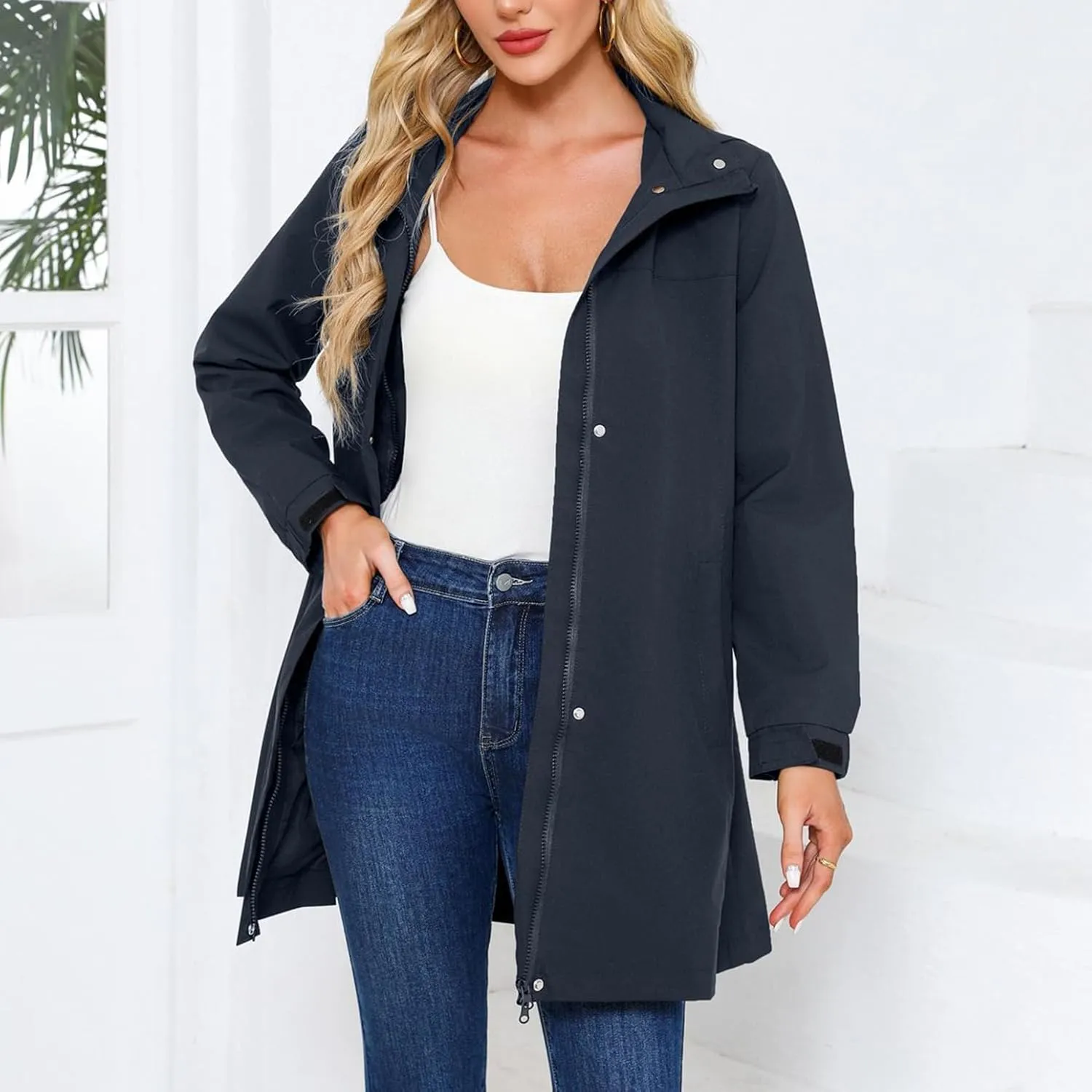 Women's Hooded Raincoat Lightweight Slim Fit Trench Coat Waterproof Casual Full Zip Long Rain Jacket Outerwear