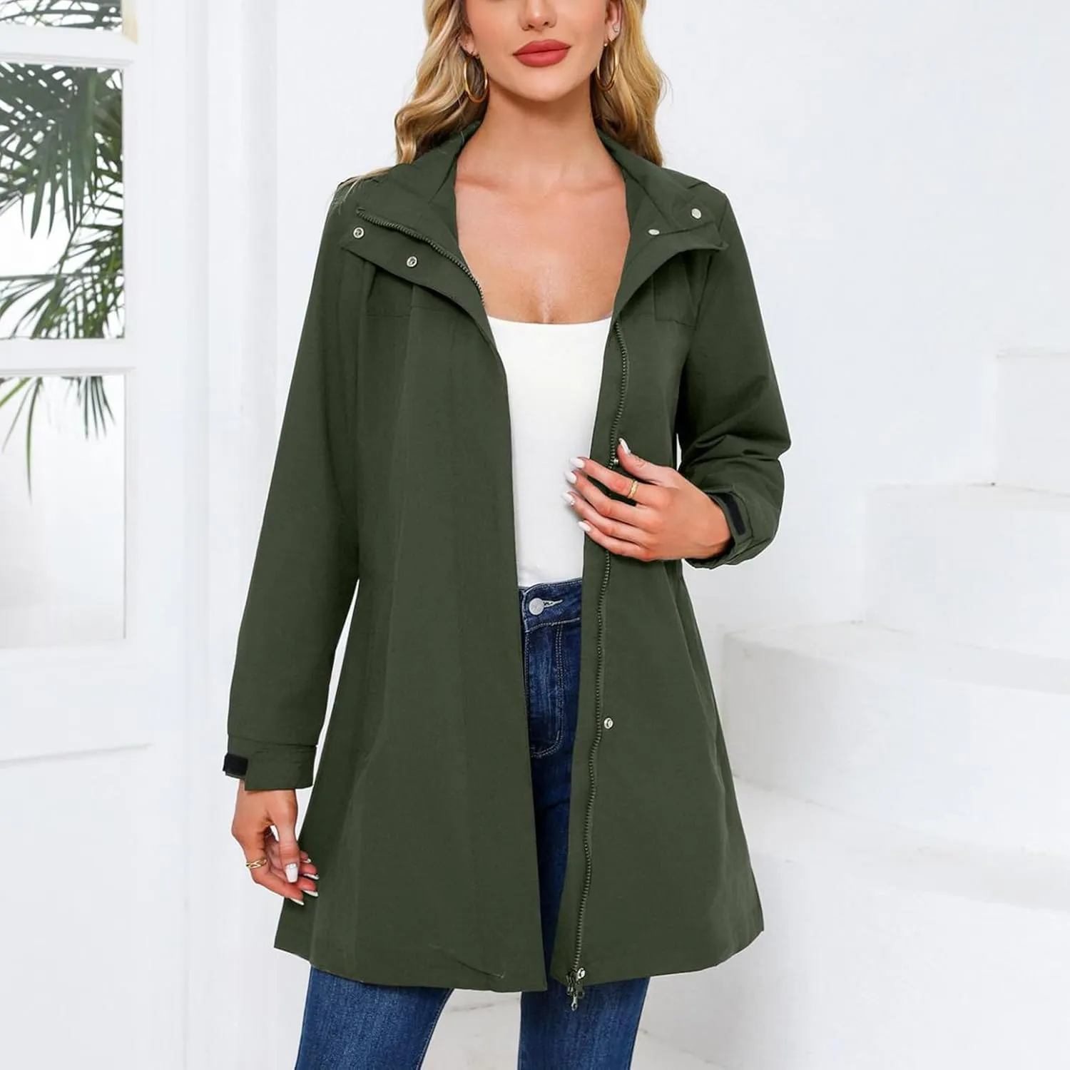 Women's Hooded Raincoat Lightweight Slim Fit Trench Coat Waterproof Casual Full Zip Long Rain Jacket Outerwear