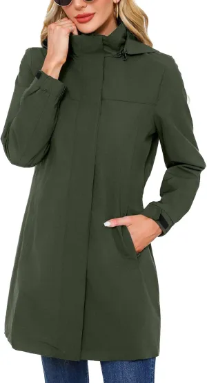 Women's Hooded Raincoat Lightweight Slim Fit Trench Coat Waterproof Casual Full Zip Long Rain Jacket Outerwear