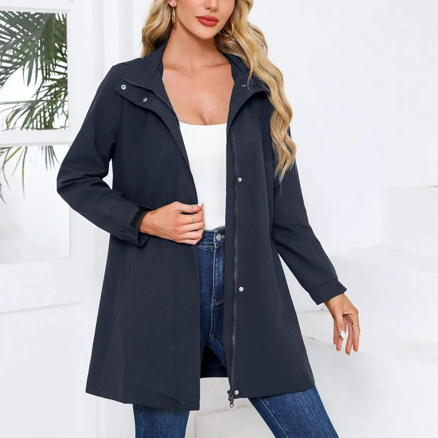 Women's Hooded Raincoat Lightweight Slim Fit Trench Coat Waterproof Casual Full Zip Long Rain Jacket Outerwear