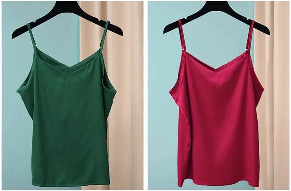 Women's Ice Silk Crop Tops Summer V-Neck Elegant Satin Spaghetti Strap Tops Bottoming Camisoles