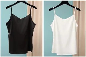Women's Ice Silk Crop Tops Summer V-Neck Elegant Satin Spaghetti Strap Tops Bottoming Camisoles