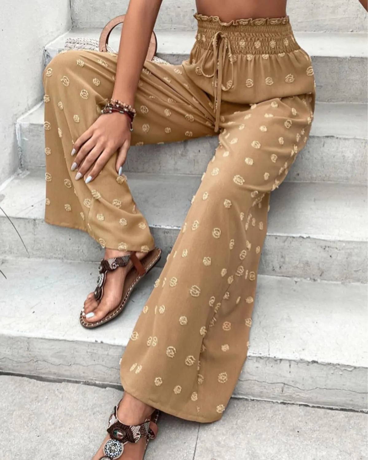 Women's Jacquard Wide Leg Pants with Pockets 2025 Spring Elegant High Waist Adjustable Knot Casual Loose Trousers