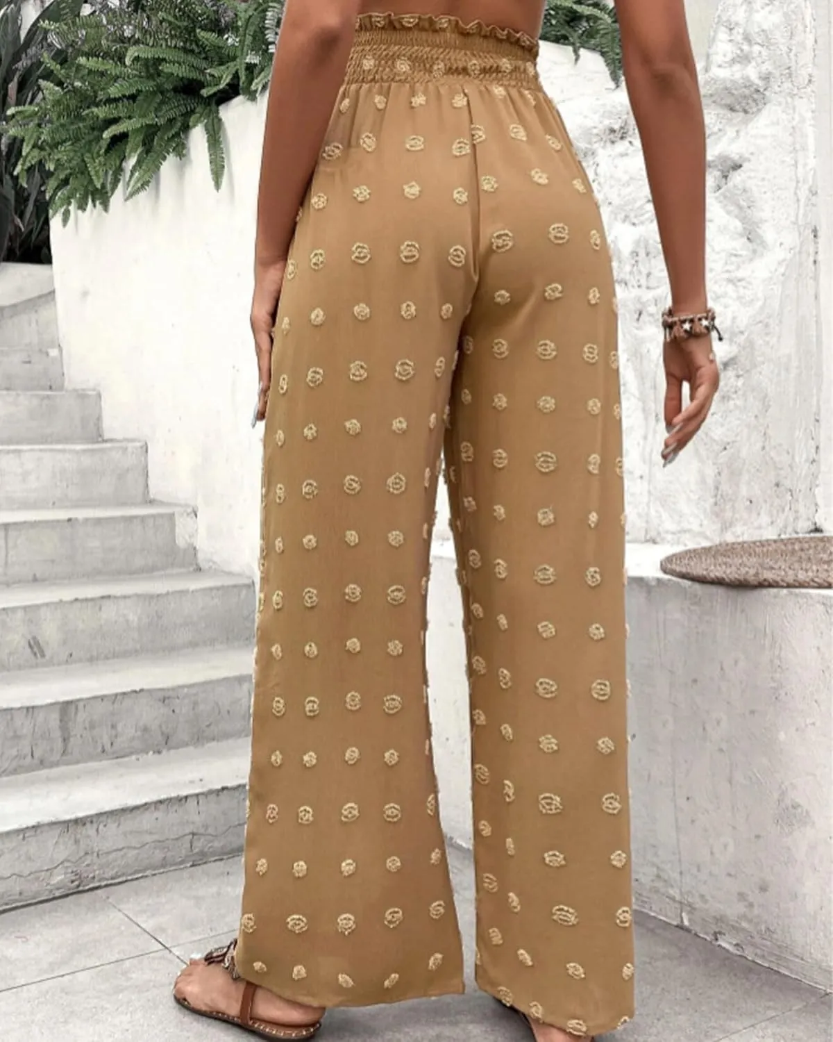 Women's Jacquard Wide Leg Pants with Pockets 2025 Spring Elegant High Waist Adjustable Knot Casual Loose Trousers