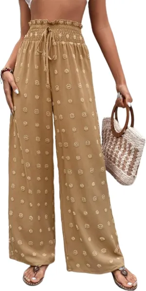 Women's Jacquard Wide Leg Pants with Pockets 2025 Spring Elegant High Waist Adjustable Knot Casual Loose Trousers