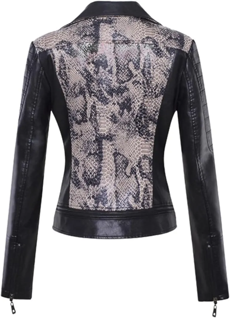 Women's Lapel Faux Leather Short Slim-Fit Outerwear Moto Jacket Zip Up Biker Coat
