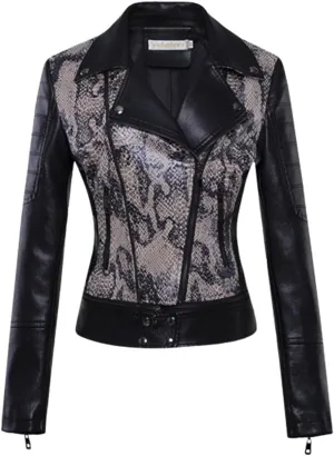 Women's Lapel Faux Leather Short Slim-Fit Outerwear Moto Jacket Zip Up Biker Coat