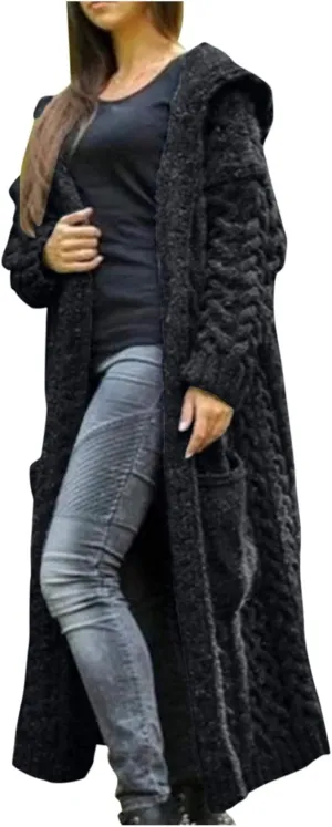 Women's Lightweight Hooded Sweaters Oversized Open Cardigan Warm Outwear Coat Cable Knit Long Cardigan Sweaters with Pockets