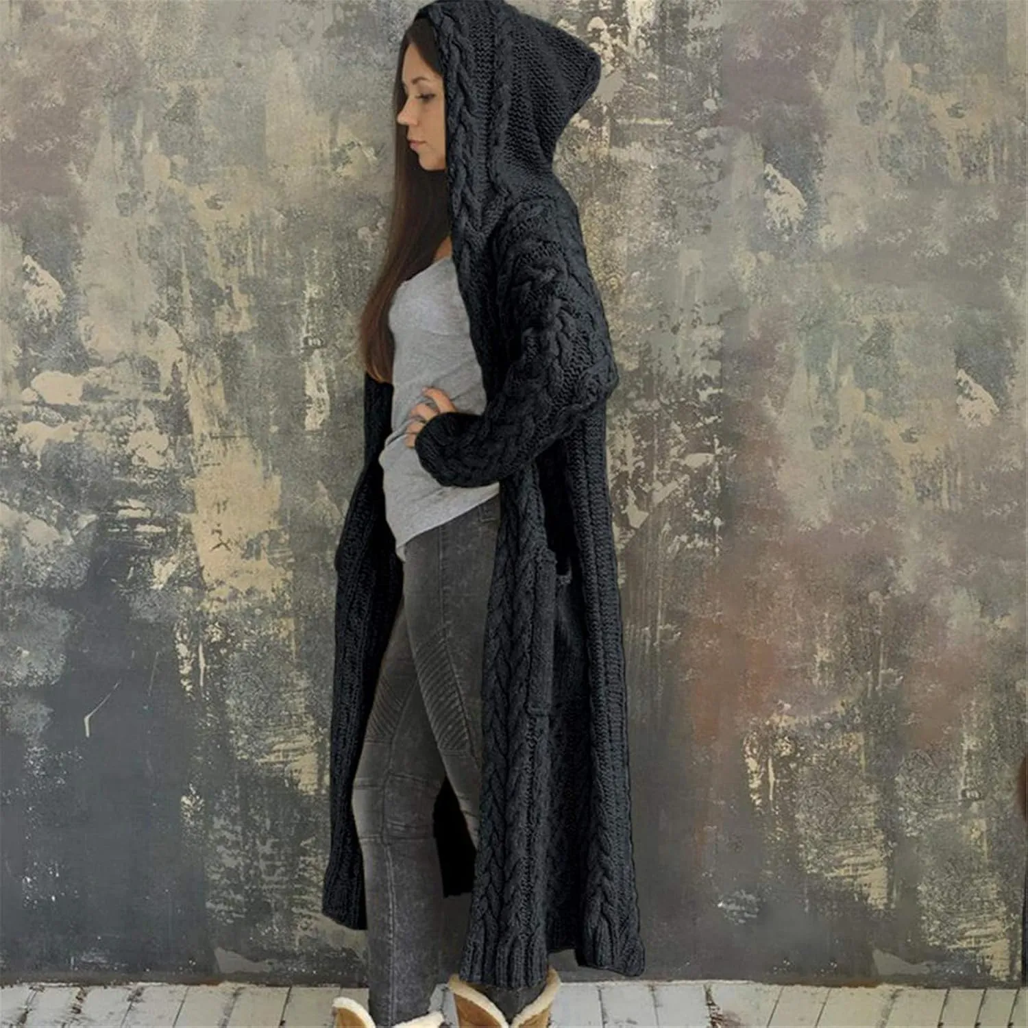 Women's Lightweight Hooded Sweaters Oversized Open Cardigan Warm Outwear Coat Cable Knit Long Cardigan Sweaters with Pockets