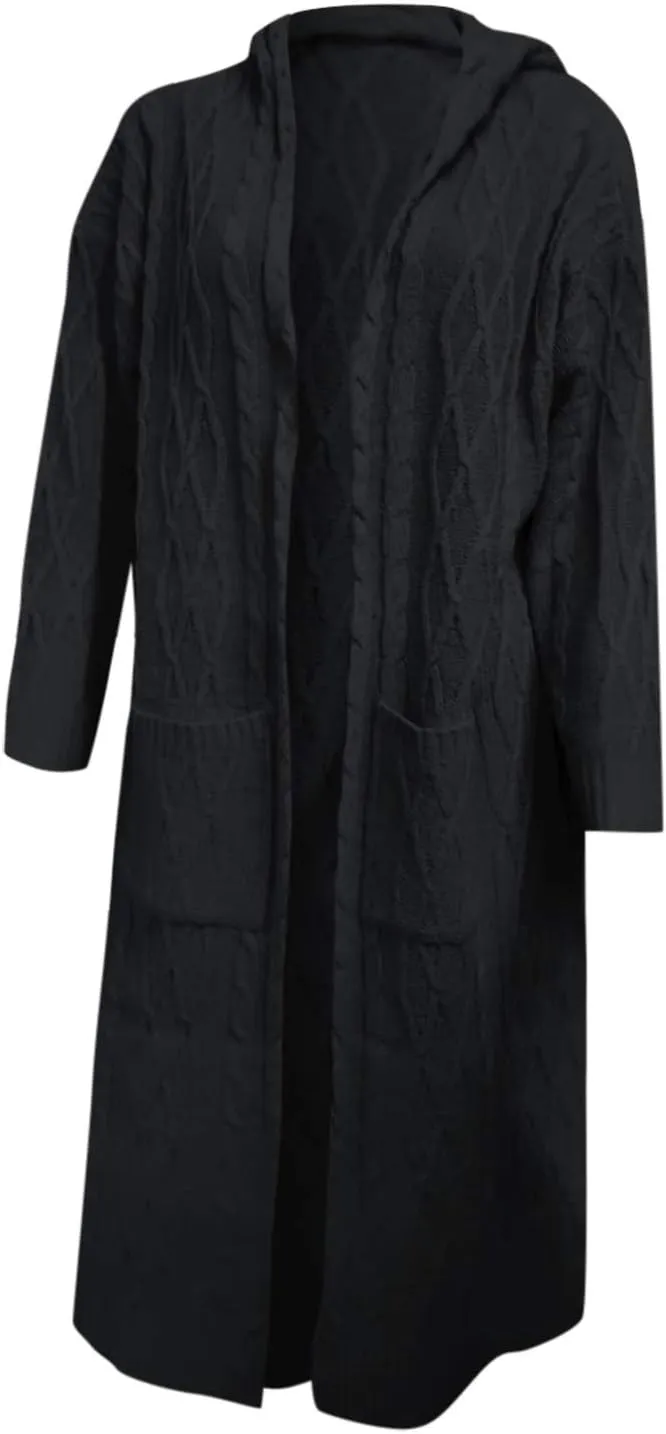 Women's Lightweight Hooded Sweaters Oversized Open Cardigan Warm Outwear Coat Cable Knit Long Cardigan Sweaters with Pockets