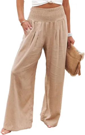 Women's Lightweight Wide Leg High Waist Culottes with Elastic Waist Casual Pants(S-Khaki)