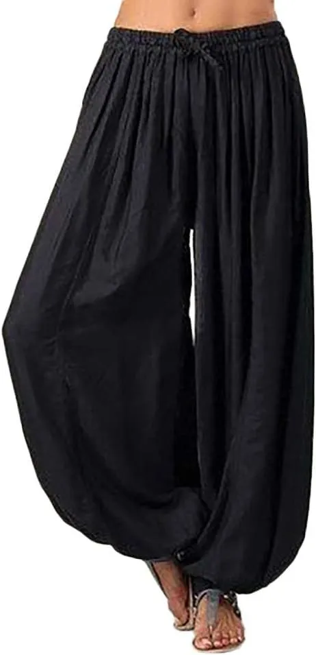 Womens Linen Blend Summer Y2K Streetwear Palazzo Lounge Pants Elastic Waisted Long Lounge Slim-Fit Pant