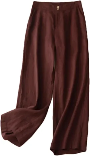 Women's Linen High Waist Wide Leg Pants  Loose Casual Straight Pants Button-Up Summer Trousers