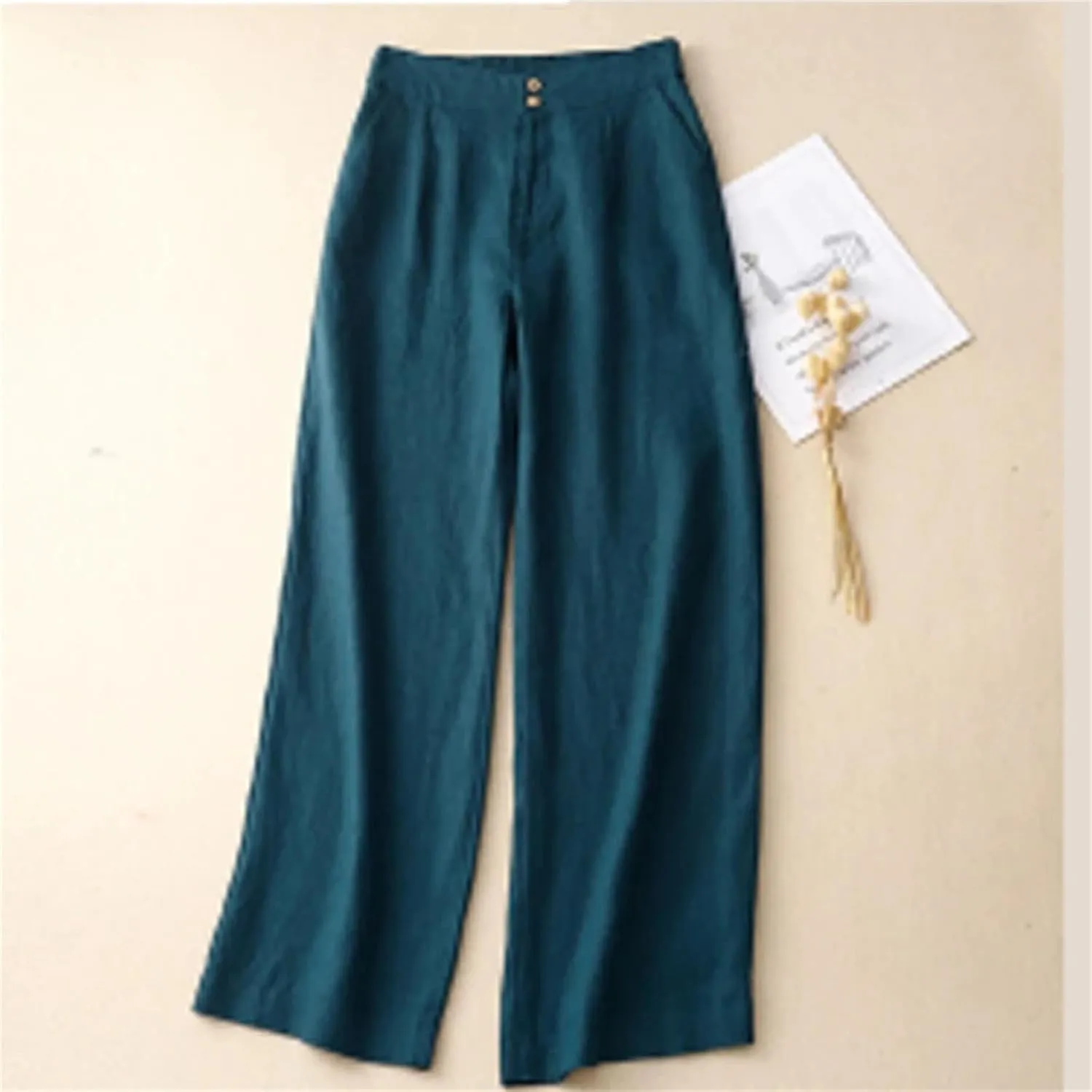 Women's Linen High Waist Wide Leg Pants  Loose Casual Straight Pants Button-Up Summer Trousers