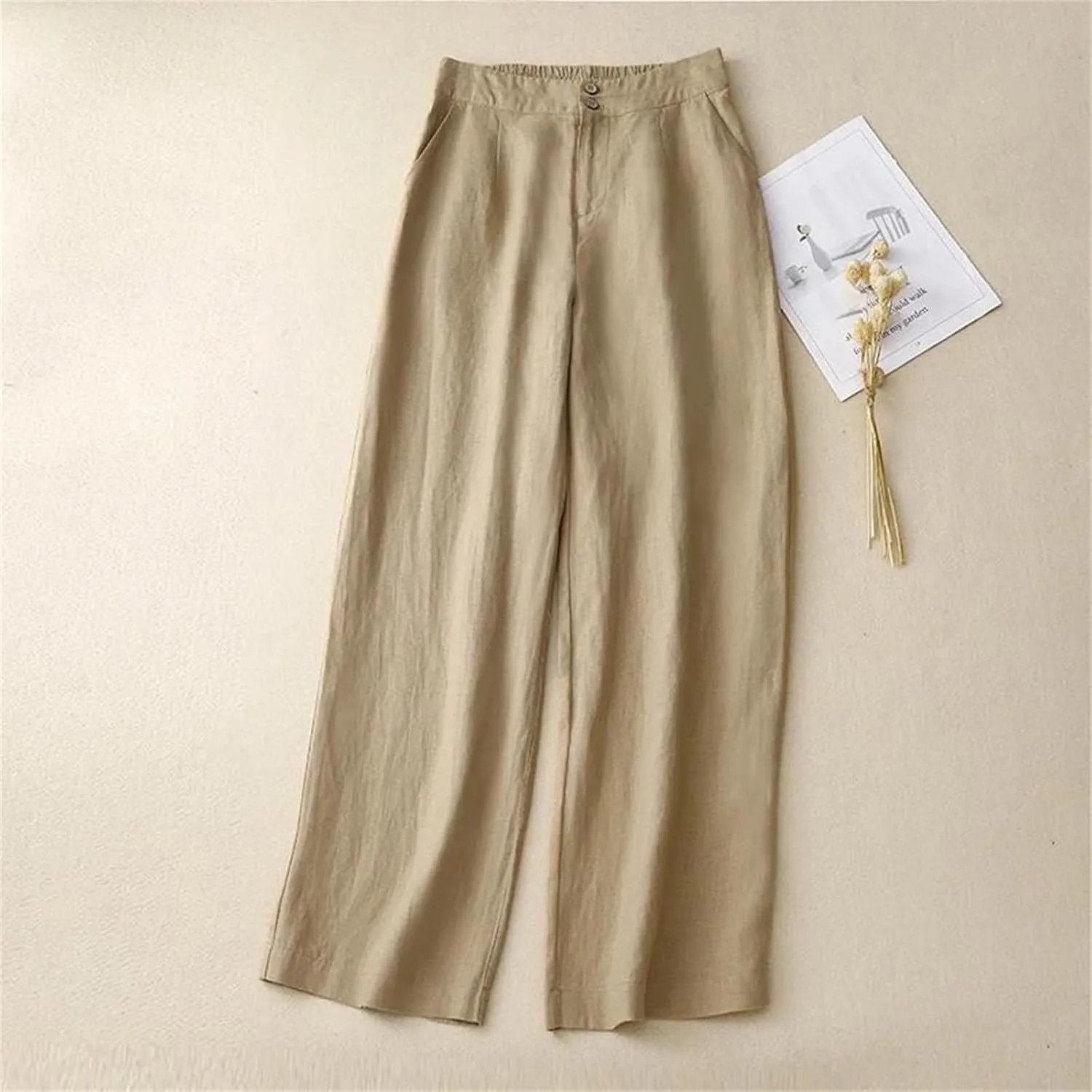 Women's Linen High Waist Wide Leg Pants  Loose Casual Straight Pants Button-Up Summer Trousers