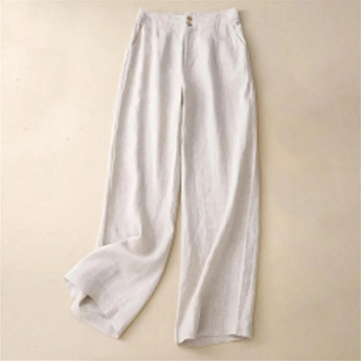 Women's Linen High Waist Wide Leg Pants  Loose Casual Straight Pants Button-Up Summer Trousers