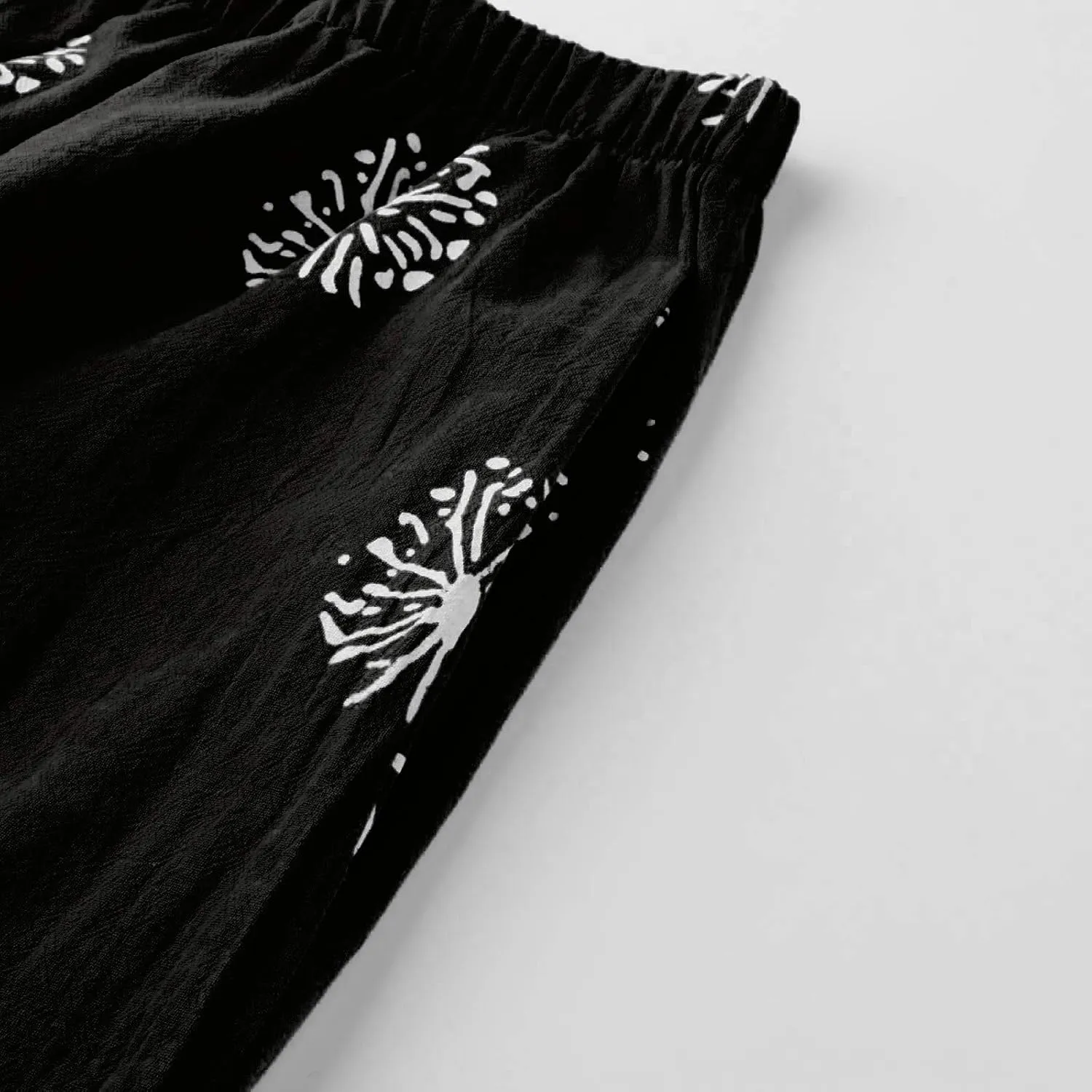 Womens Linen Pants Casual Dandelion Print Elastic Waist Sweatpants Capris Boho Wide Leg Palazzo Cropped Trousers with Pockets