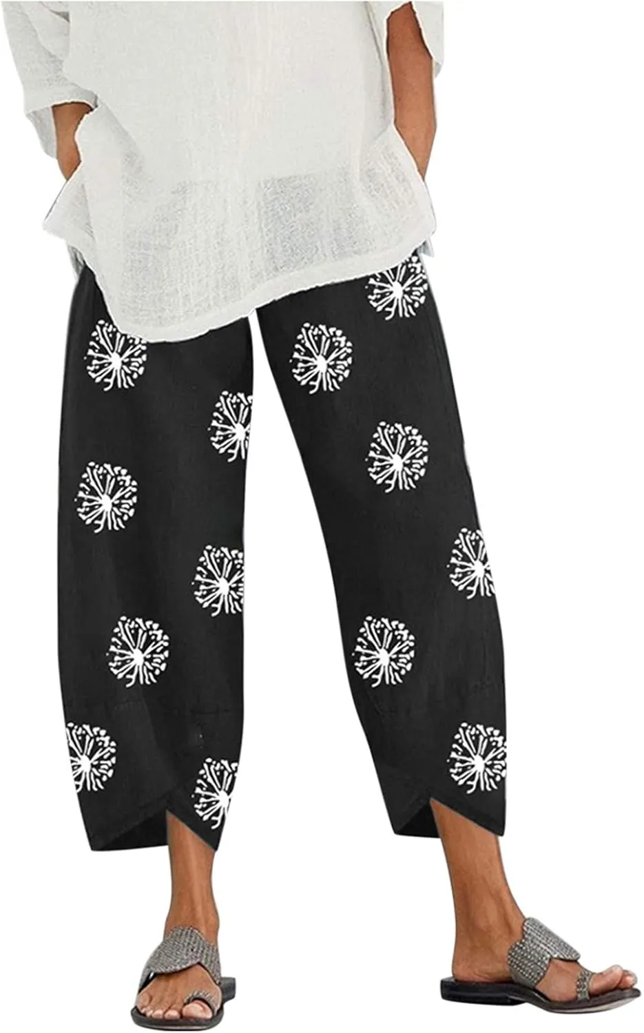 Womens Linen Pants Casual Dandelion Print Elastic Waist Sweatpants Capris Boho Wide Leg Palazzo Cropped Trousers with Pockets