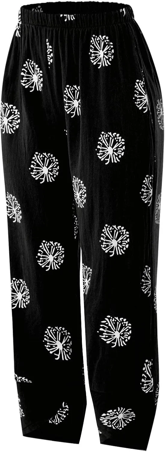 Womens Linen Pants Casual Dandelion Print Elastic Waist Sweatpants Capris Boho Wide Leg Palazzo Cropped Trousers with Pockets