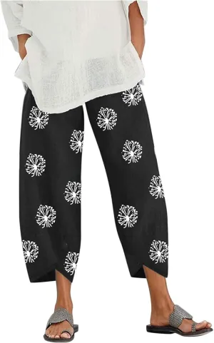 Womens Linen Pants Casual Dandelion Print Elastic Waist Sweatpants Capris Boho Wide Leg Palazzo Cropped Trousers with Pockets