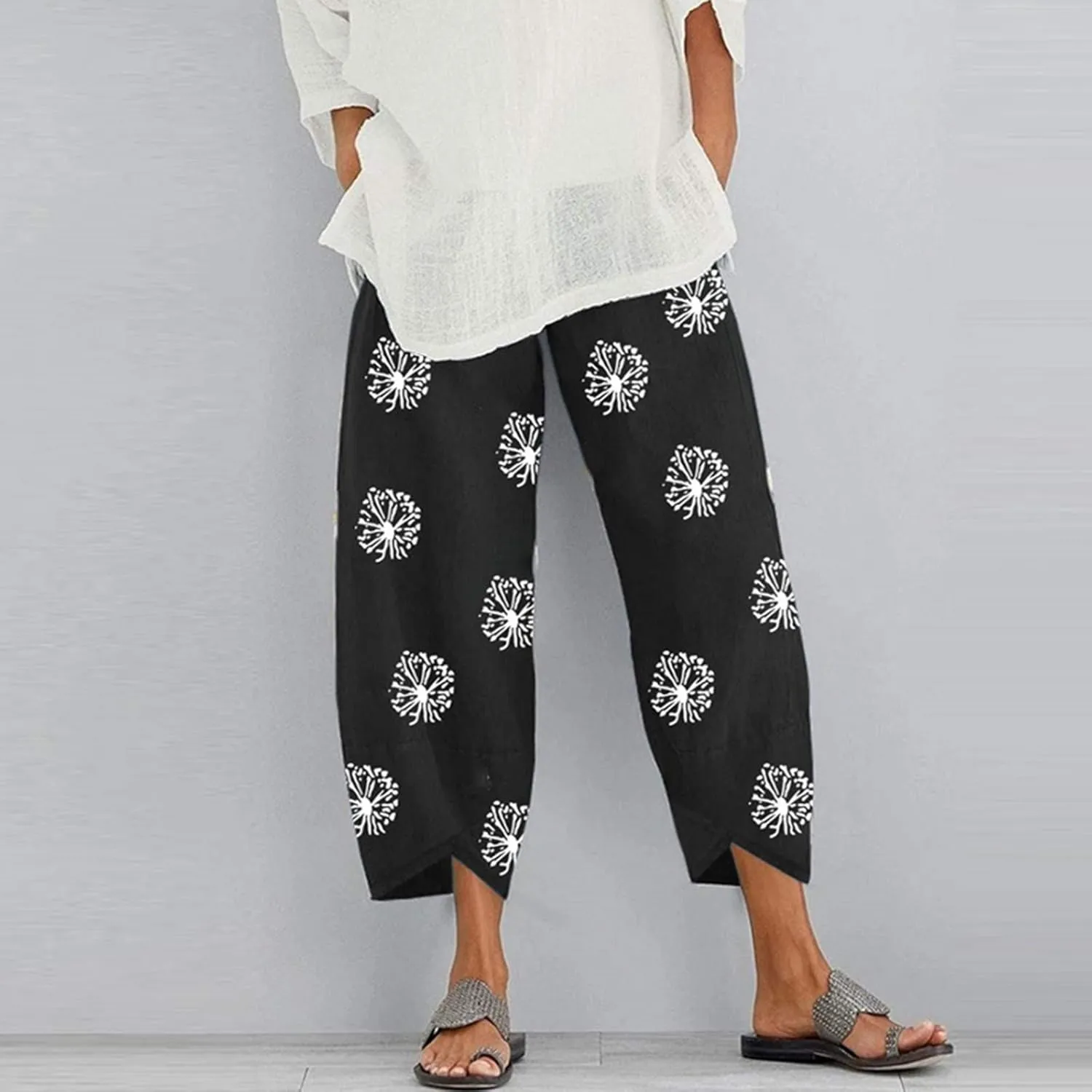 Womens Linen Pants Casual Dandelion Print Elastic Waist Sweatpants Capris Boho Wide Leg Palazzo Cropped Trousers with Pockets