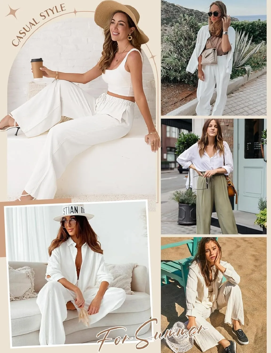 Womens Linen Pants High Waist Wide Leg Pant Casual Summer Palazzo Pants Loose Flowy Beach Trousers with Pockets