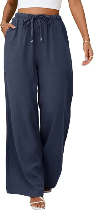 Womens Linen Pants High Waist Wide Leg Pant Casual Summer Palazzo Pants Loose Flowy Beach Trousers with Pockets